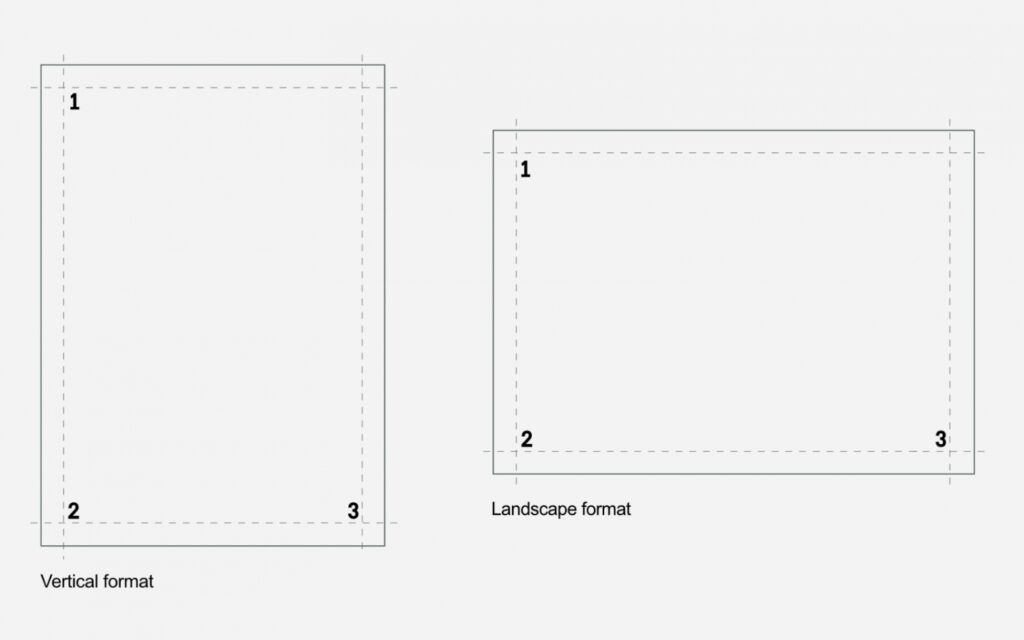 Template for logotype placement, with different placements marked with numbers 1 to 3.