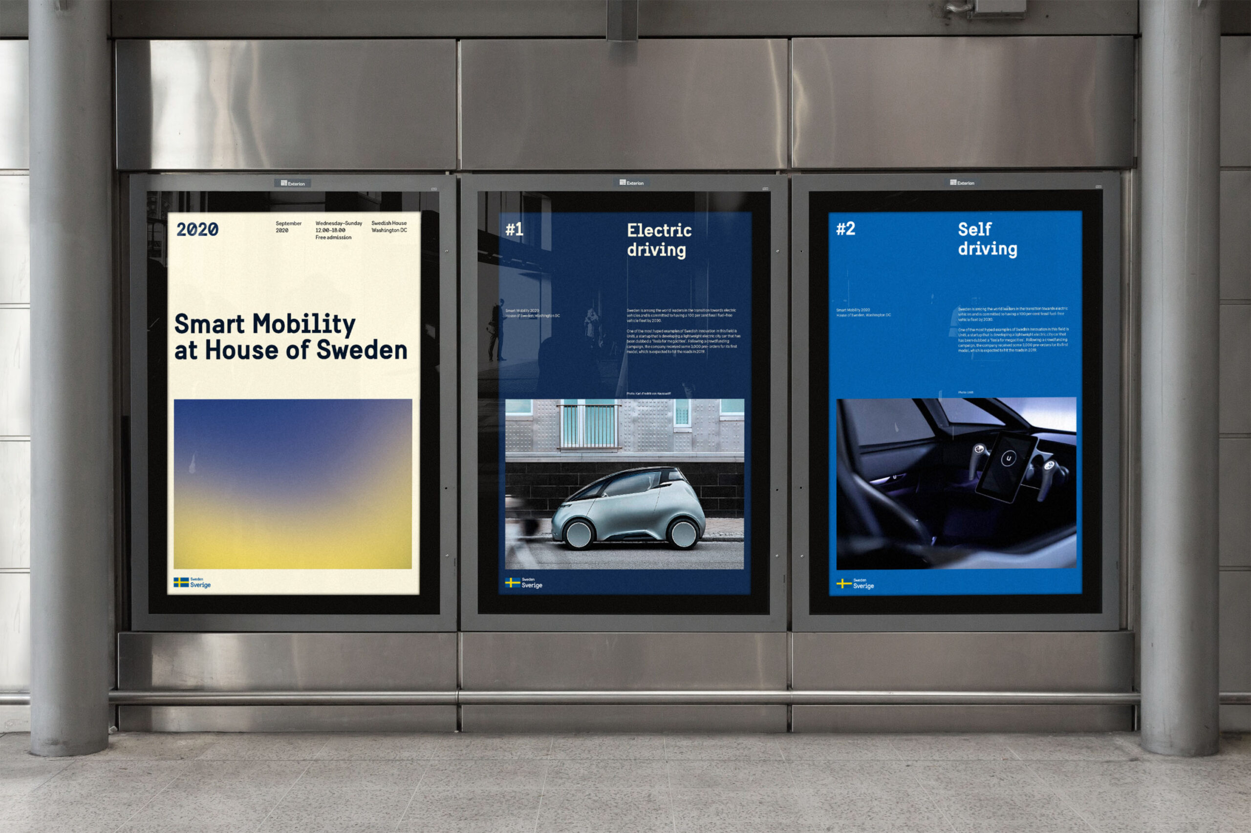 Three examples of the Sweden brand design, one white, one dark blue and one lighter blue.