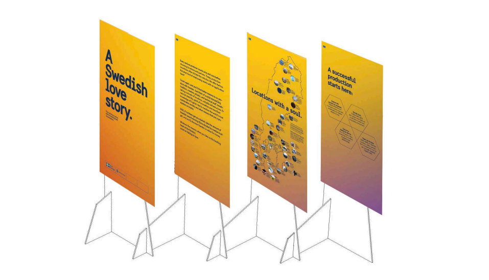 Four posters  with a warm yellow colour and a map of Sweden with film locations. 