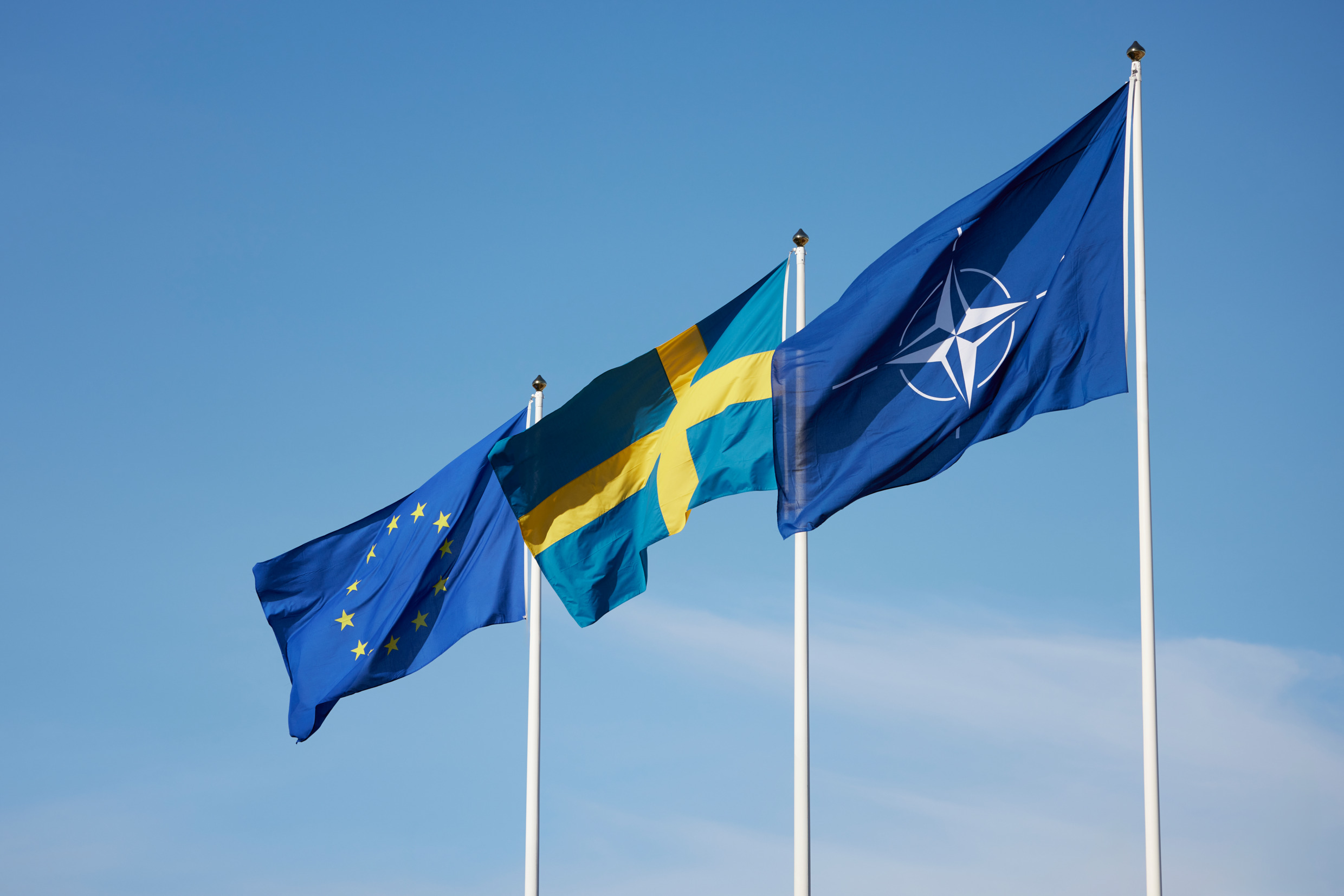 The flags of EU, Sweden and NATO.